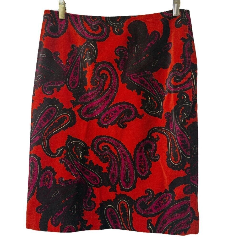 TALBOTS Pencil Skirt Size 6 Red Paisley Cotton Velveteen Womens Preppy Holiday